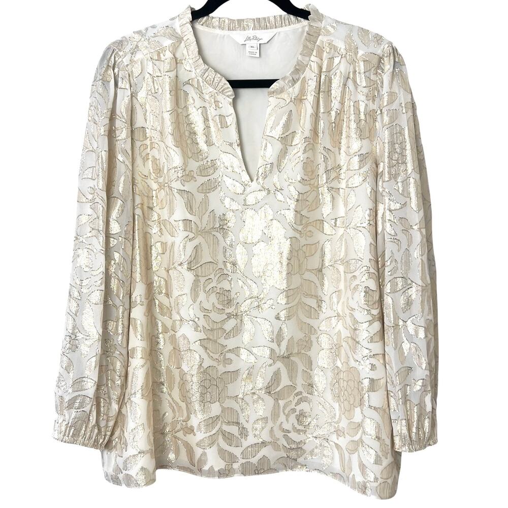 Lilly Pulitzer Giana Long Sleeve Silk Blouse Gold Cream Preppy XL - Picture 2 of 9